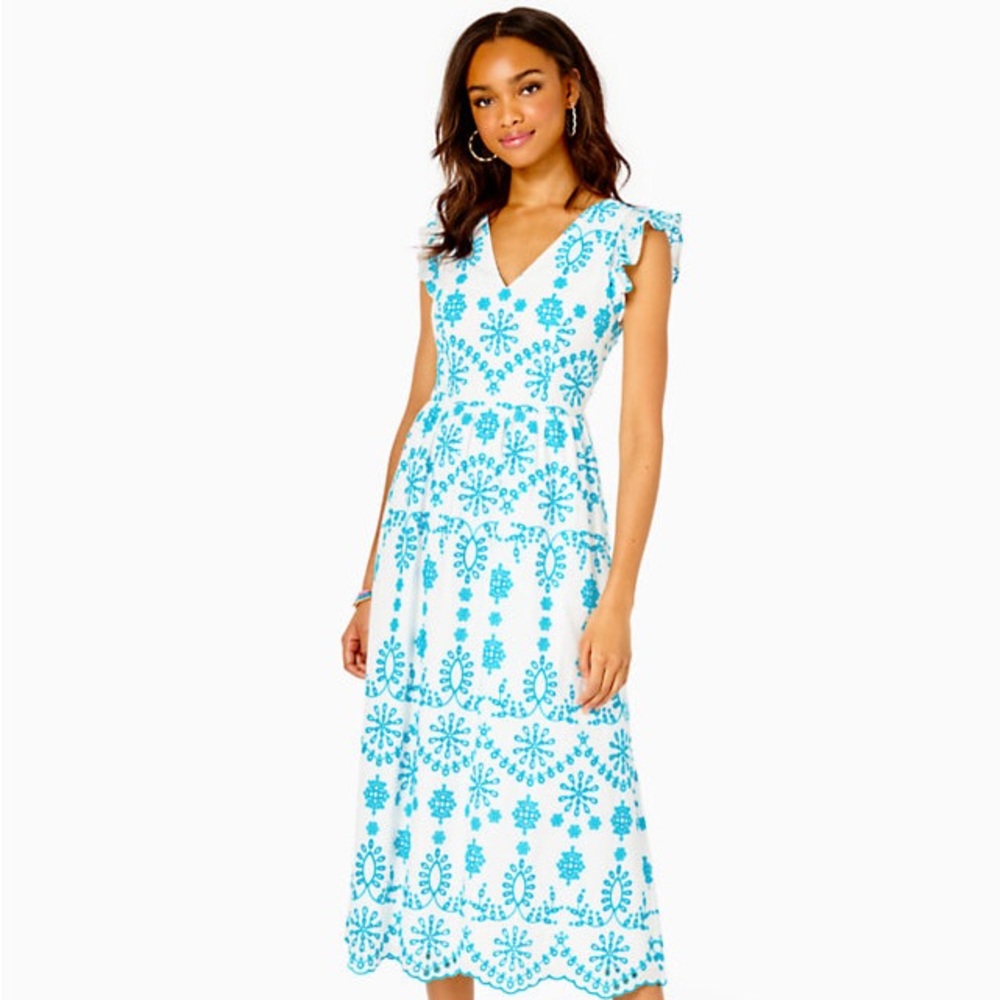 Lilly Pulitzer Lillyanne White Maxi Dress with Turquoise Floral Embroidery